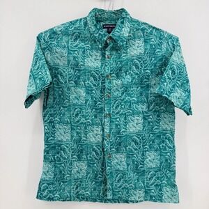 West Marine Button Down Mens L Fish Print 100% Cotton Teal Green Pattern